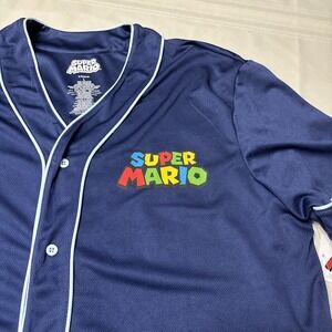 Super Mario Bros Men's Size Large Baseball Button Up Jersey Navy Blue NEW Luigi